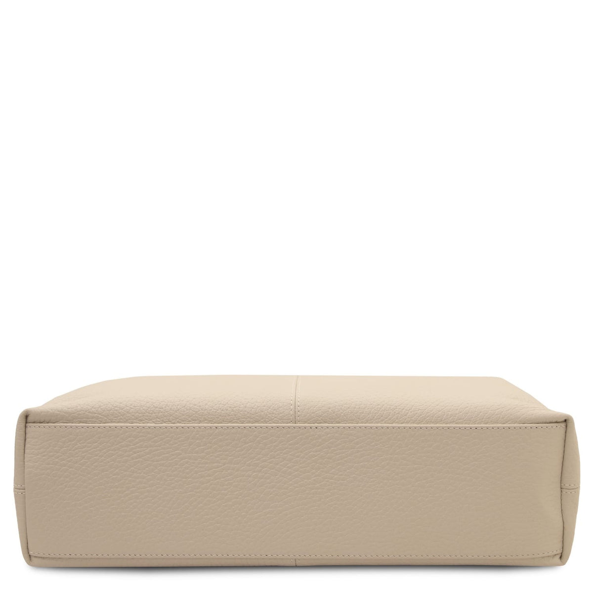 Bottom view of beige Plenia Italian leather shopping bag with flat rectangular base