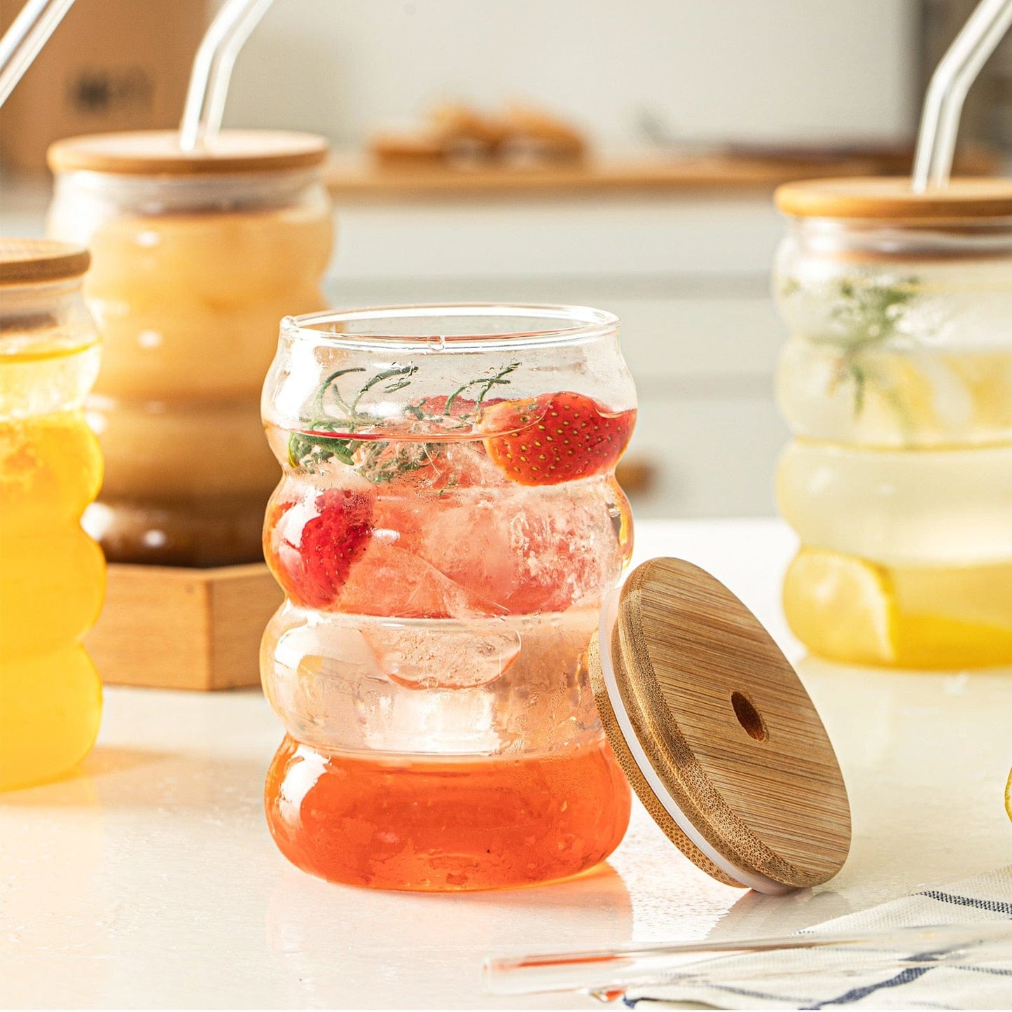 Bubble Glass Cup with Wooden Lid and Straw | 16 oz (approx. 470 ml) - - San Rocco Italia