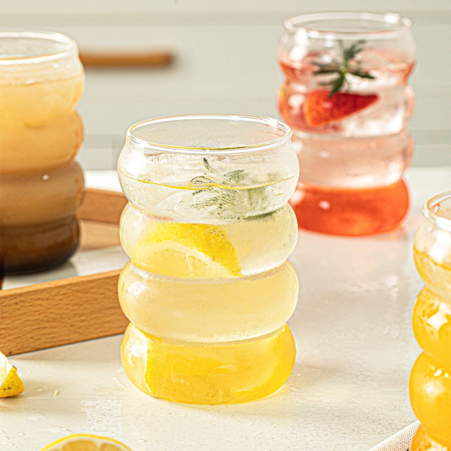 Bubble Glass Cup with Wooden Lid and Straw | 16 oz (approx. 470 ml) - - San Rocco Italia
