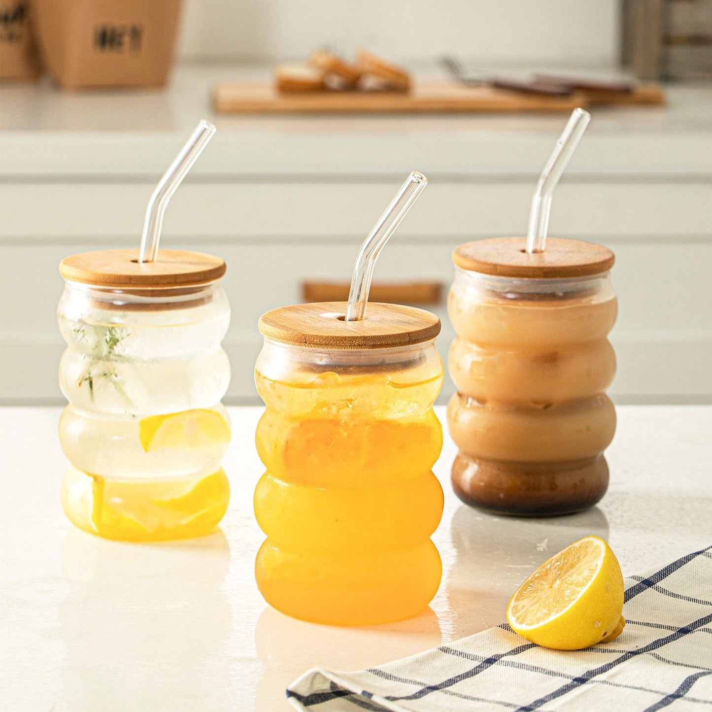 Bubble Glass Cup with Wooden Lid and Straw | 16 oz (approx. 470 ml) - - San Rocco Italia