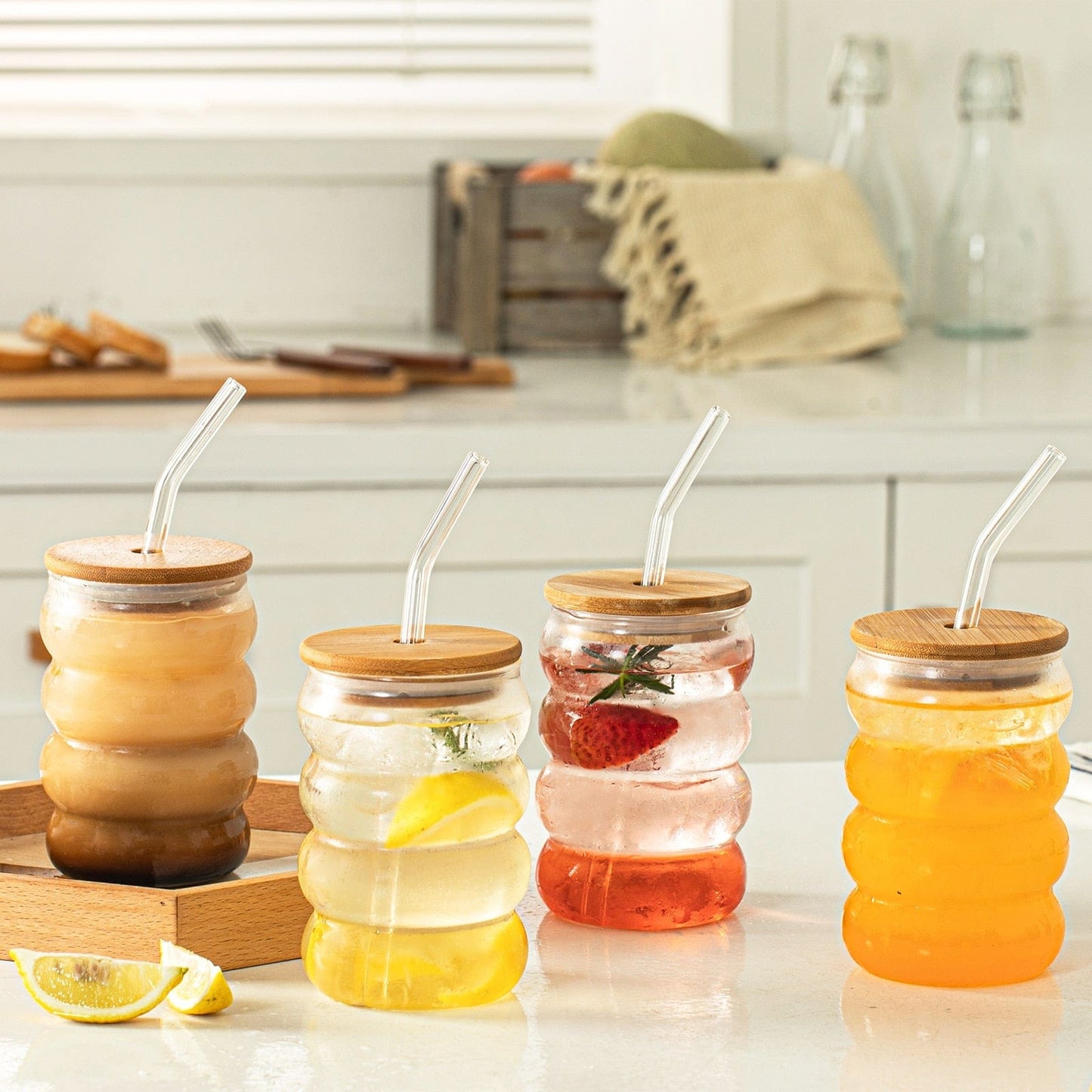 Bubble Glass Cup with Wooden Lid and Straw | 16 oz (approx. 470 ml) - - San Rocco Italia