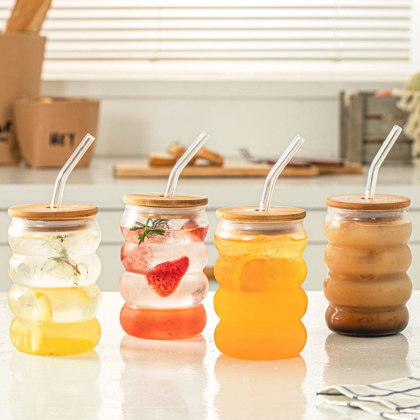Bubble Glass Cup with Wooden Lid and Straw | 16 oz (approx. 470 ml) - - San Rocco Italia