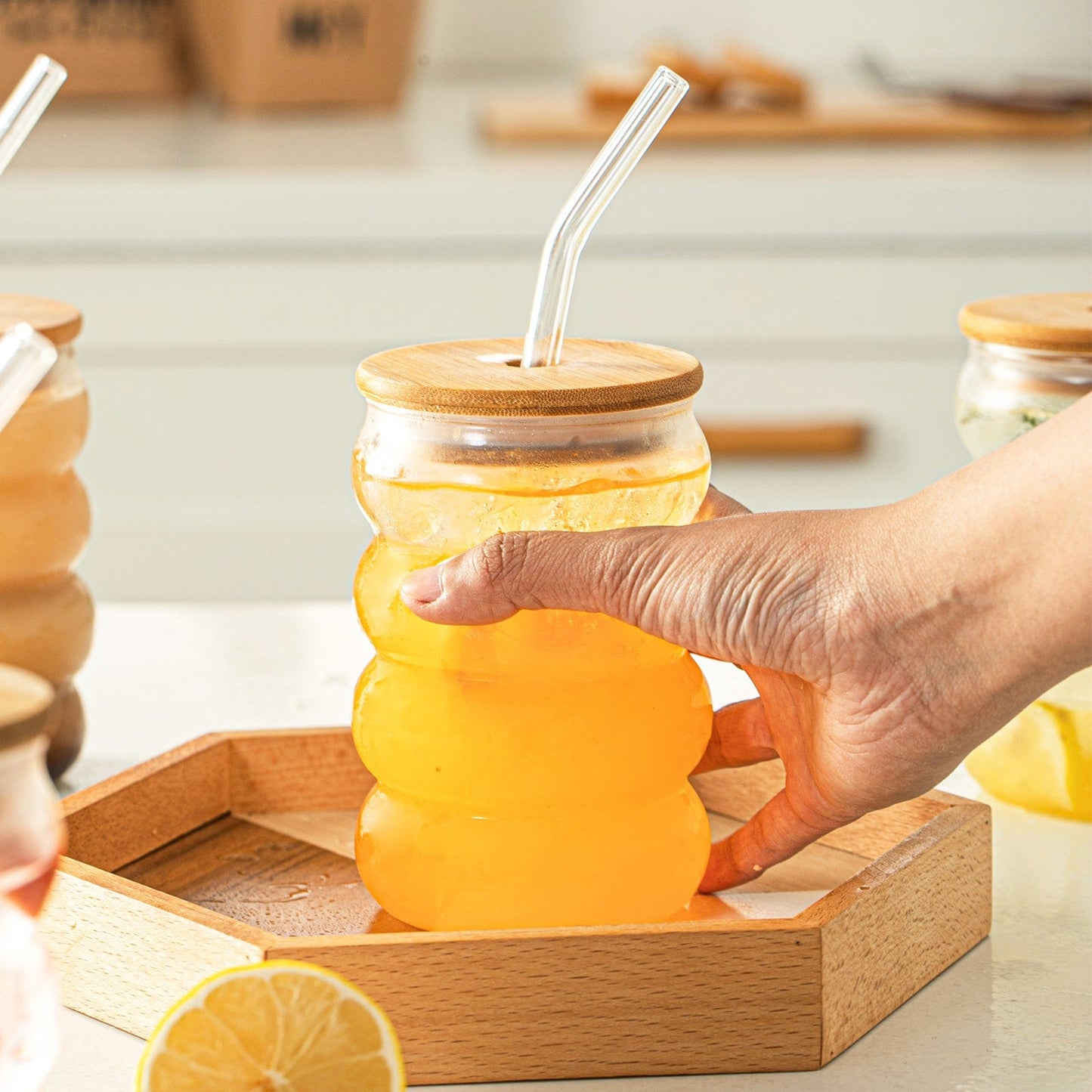 Bubble Glass Cup with Wooden Lid and Straw | 16 oz (approx. 470 ml) - - San Rocco Italia
