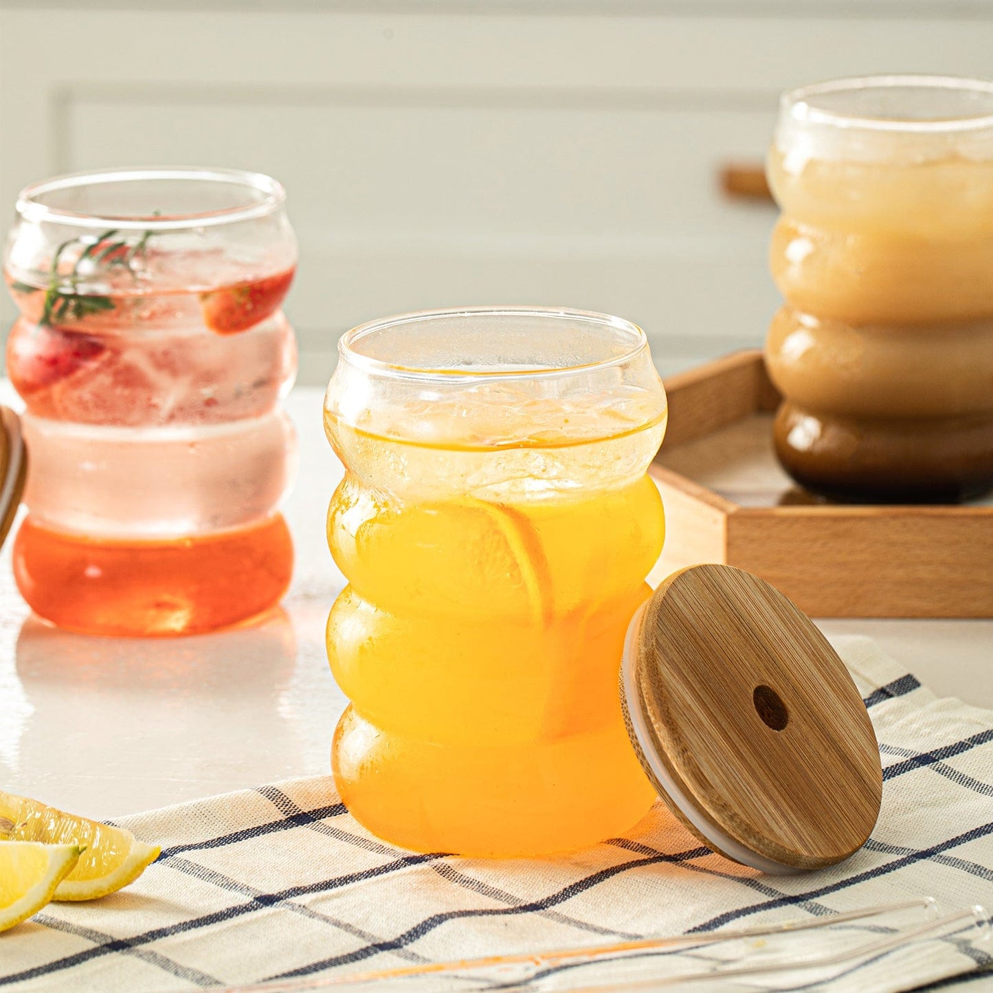 Bubble Glass Cup with Wooden Lid and Straw | 16 oz (approx. 470 ml) - - San Rocco Italia