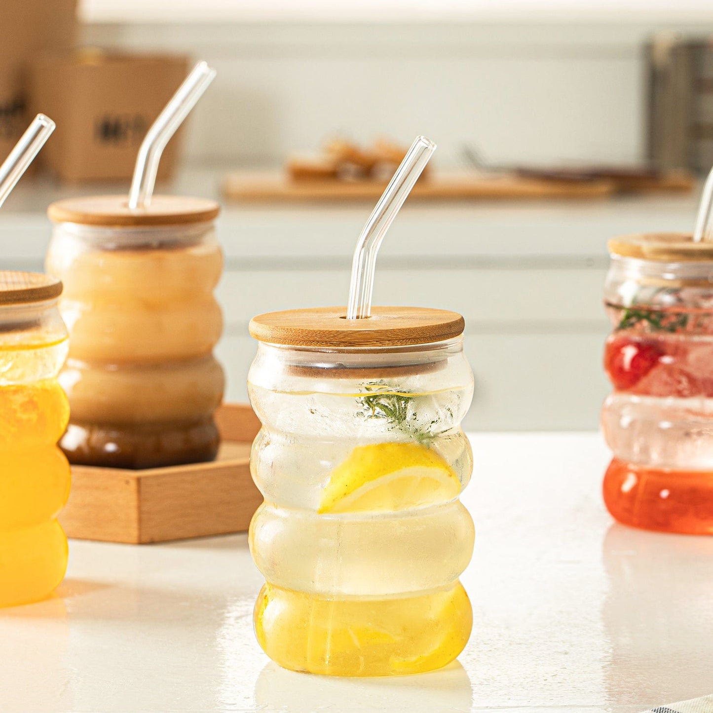 Bubble Glass Cup with Wooden Lid and Straw | 16 oz (approx. 470 ml) - - San Rocco Italia