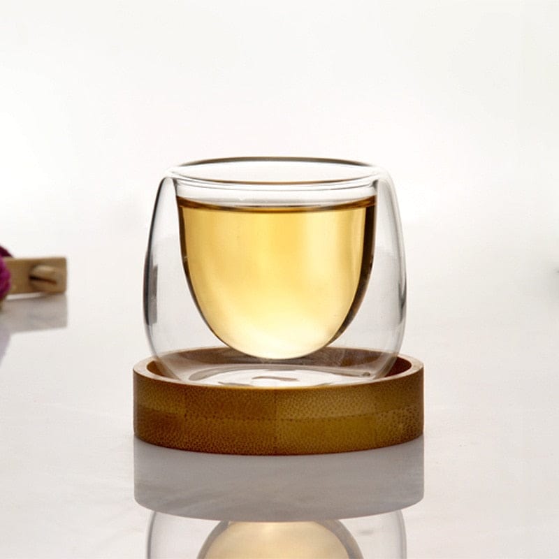Double wall glass tea cup / espresso shot glass with wooden saucer | set of 6 cups - Premium - Just €67.95! Shop now at San Rocco Italia