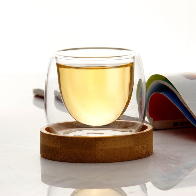 Double wall glass tea cup / espresso shot glass with wooden saucer | set of 6 cups - Premium - Just €67.95! Shop now at San Rocco Italia