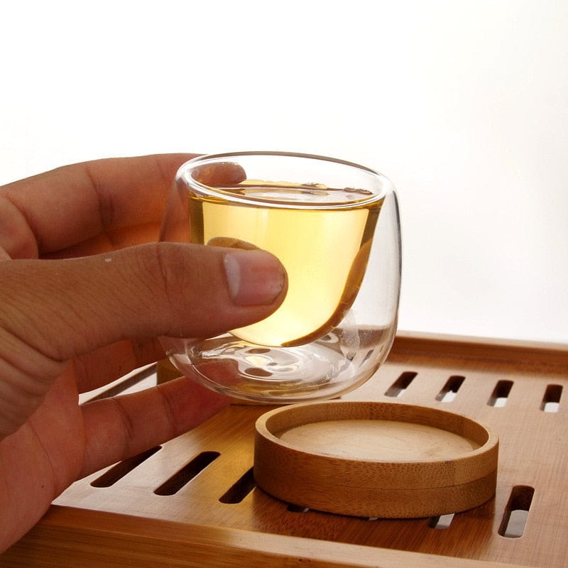 Double wall glass tea cup / espresso shot glass with wooden saucer | set of 6 cups - Premium - Just €67.95! Shop now at San Rocco Italia