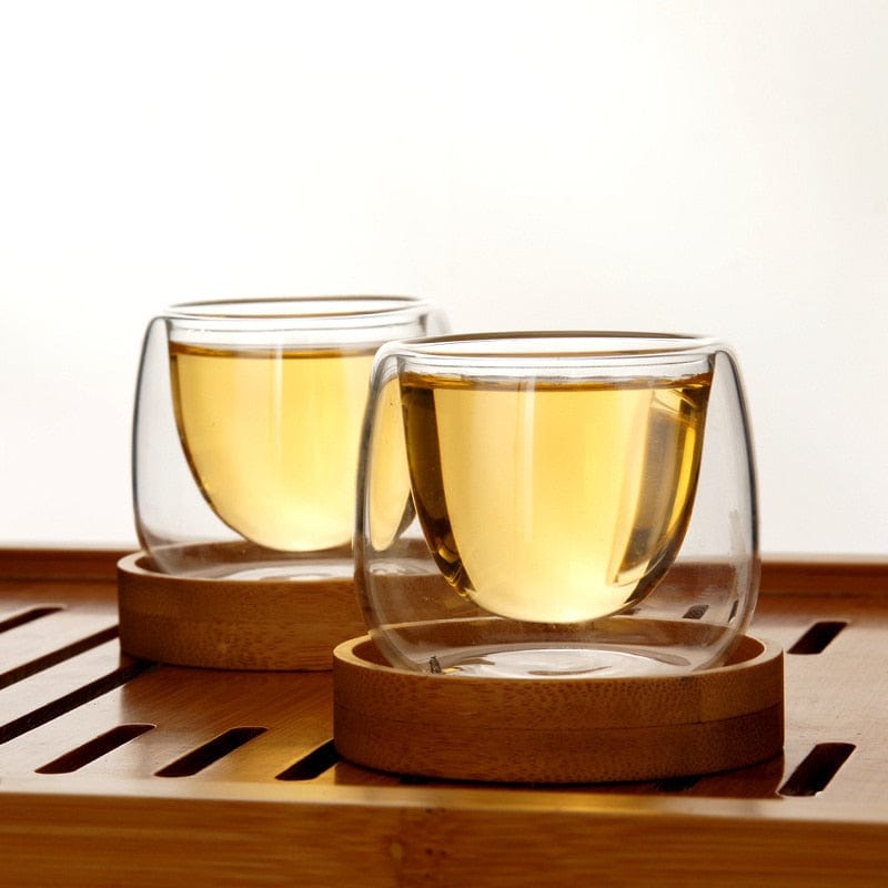 Double wall glass tea cup / espresso shot glass with wooden saucer | set of 6 cups - Premium - Just €67.95! Shop now at San Rocco Italia
