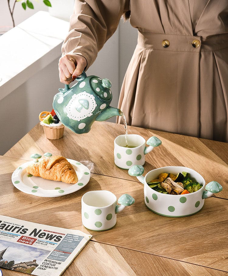 Green and White Mushroom Ceramic Mugs, Teapot, Plates and Bowls - Premium - Just €21.95! Shop now at San Rocco Italia