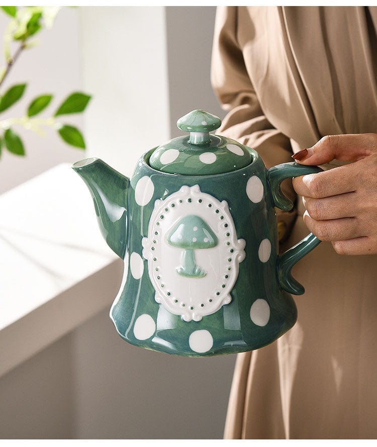 Green and White Mushroom Ceramic Mugs, Teapot, Plates and Bowls - - San Rocco Italia