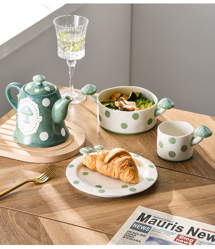 Green and White Mushroom Ceramic Mugs, Teapot, Plates and Bowls - - San Rocco Italia