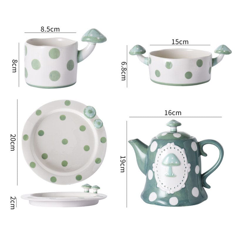 Green and White Mushroom Ceramic Mugs, Teapot, Plates and Bowls - - San Rocco Italia