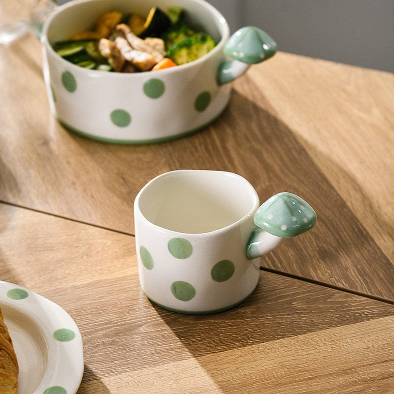 Green and White Mushroom Ceramic Mugs, Teapot, Plates and Bowls - - San Rocco Italia