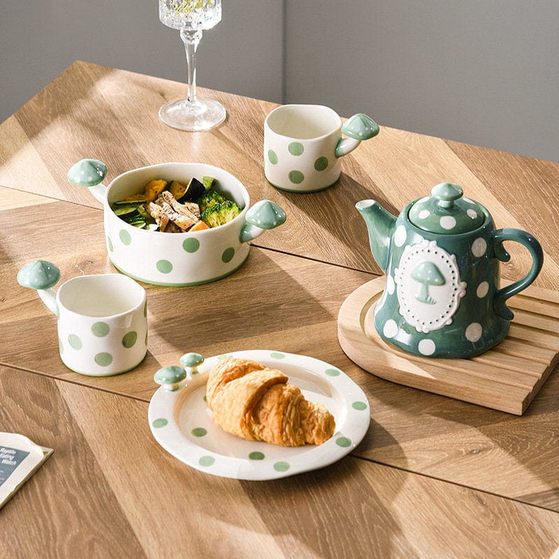 Green and White Mushroom Ceramic Mugs, Teapot, Plates and Bowls - - San Rocco Italia