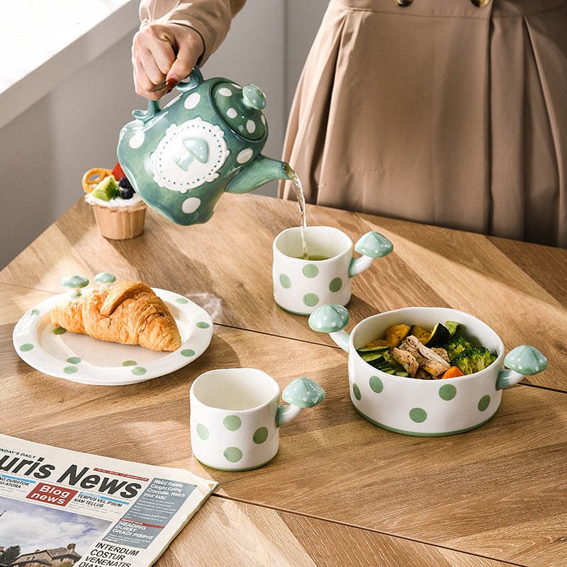 Green and White Mushroom Ceramic Mugs, Teapot, Plates and Bowls - - San Rocco Italia