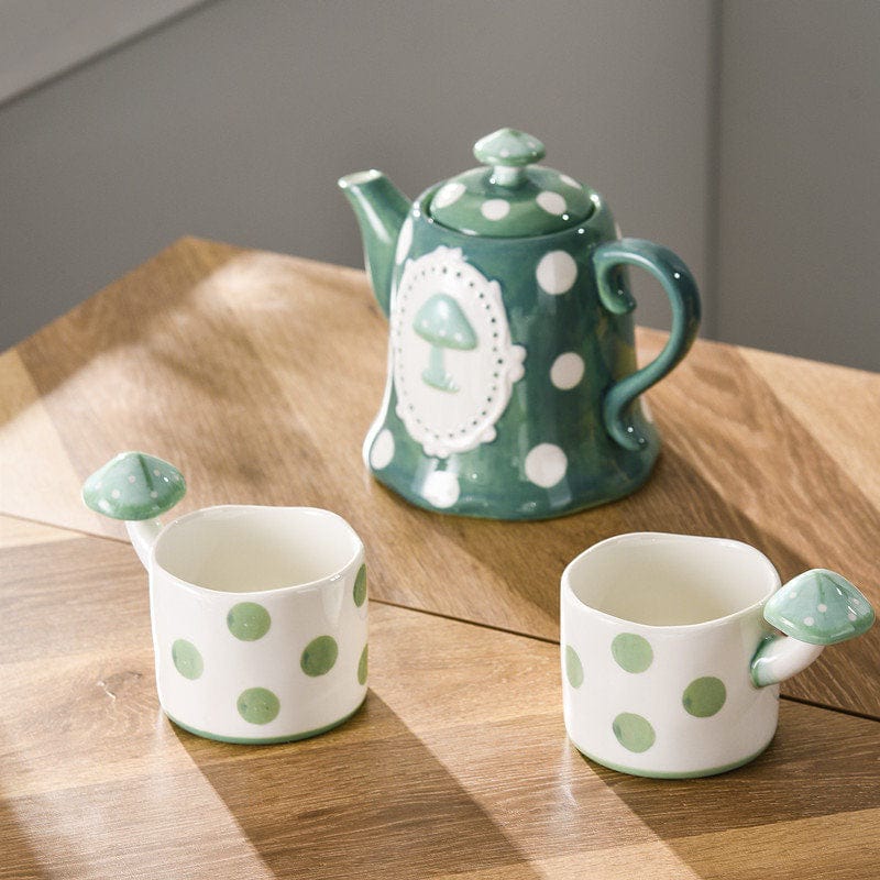 Green and White Mushroom Ceramic Mugs, Teapot, Plates and Bowls - - San Rocco Italia