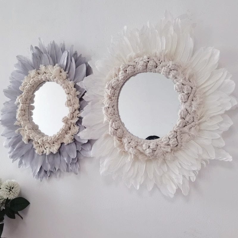 Handmade Feather, Raffia and Macramé Wall Mirrors | 40 cm and 45 cm - Premium - Just €47.95! Shop now at San Rocco Italia