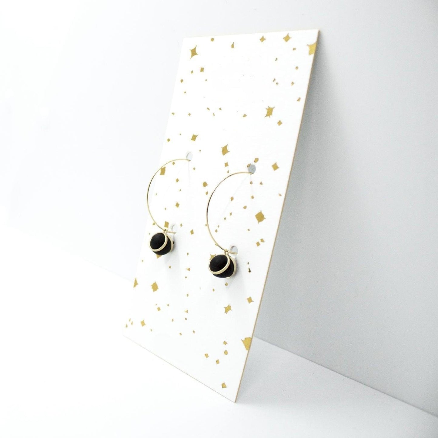 Gold Hoop Earrings with Black Ball Charm Pendant