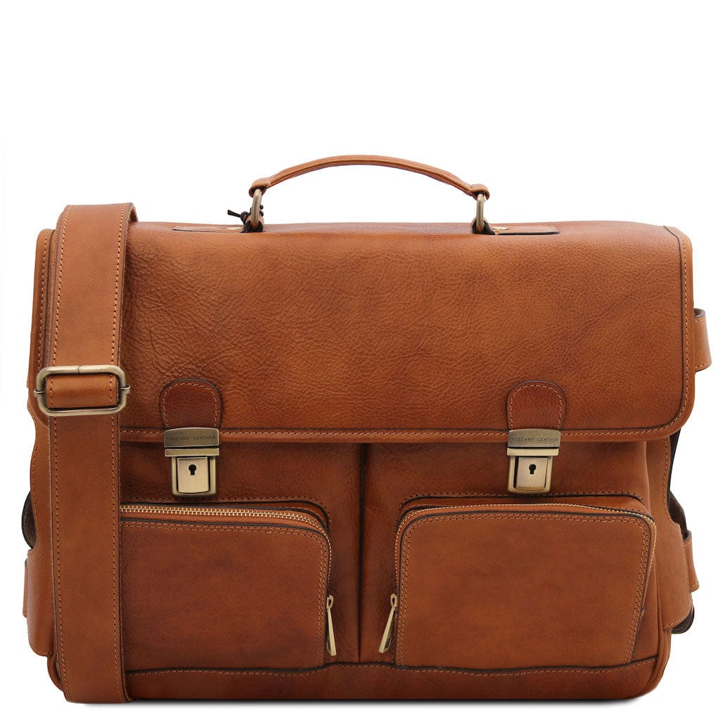 Leather laptop bags Natural Ventimiglia - Leather multi compartment TL SMART briefcase with front pockets | TL142069 San Rocco Italia