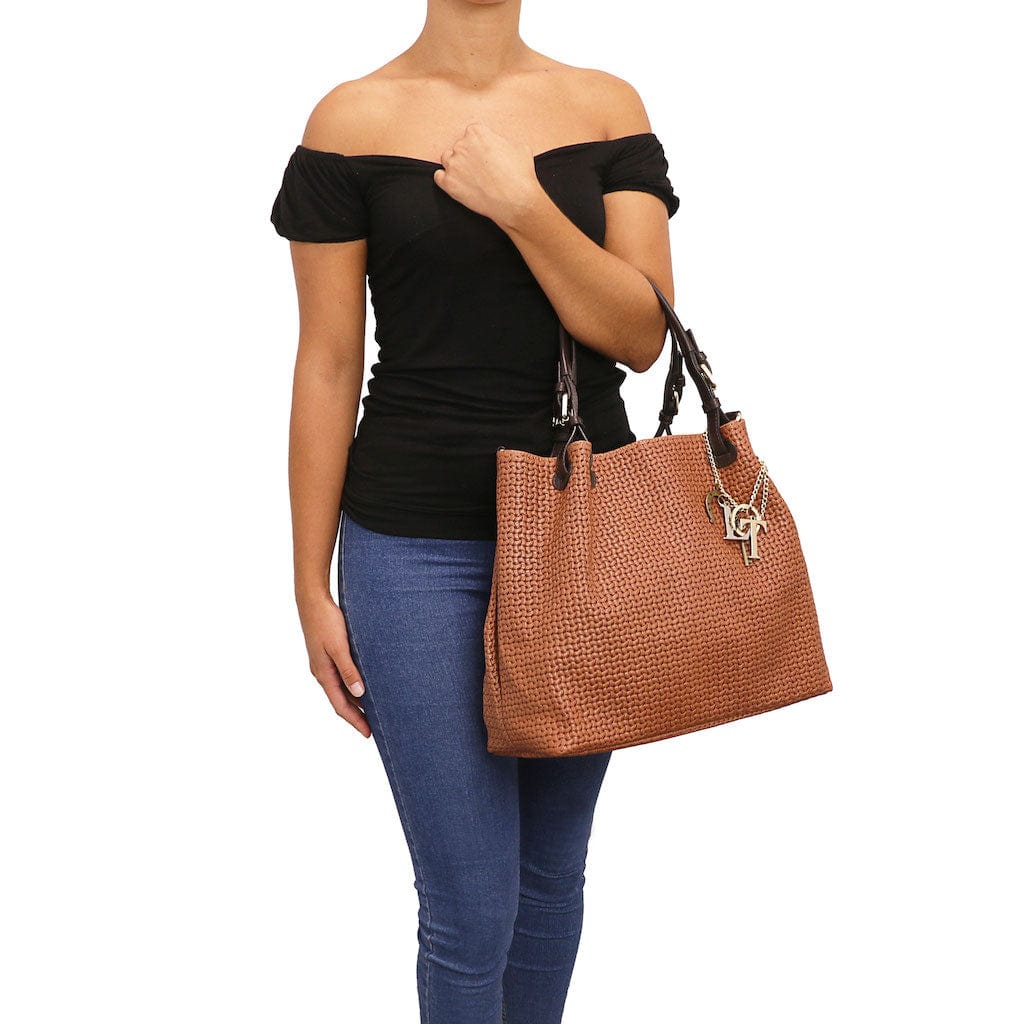 Leather shoulder bags TL KeyLuck - Woven printed leather shopping bag | TL141573 San Rocco Italia