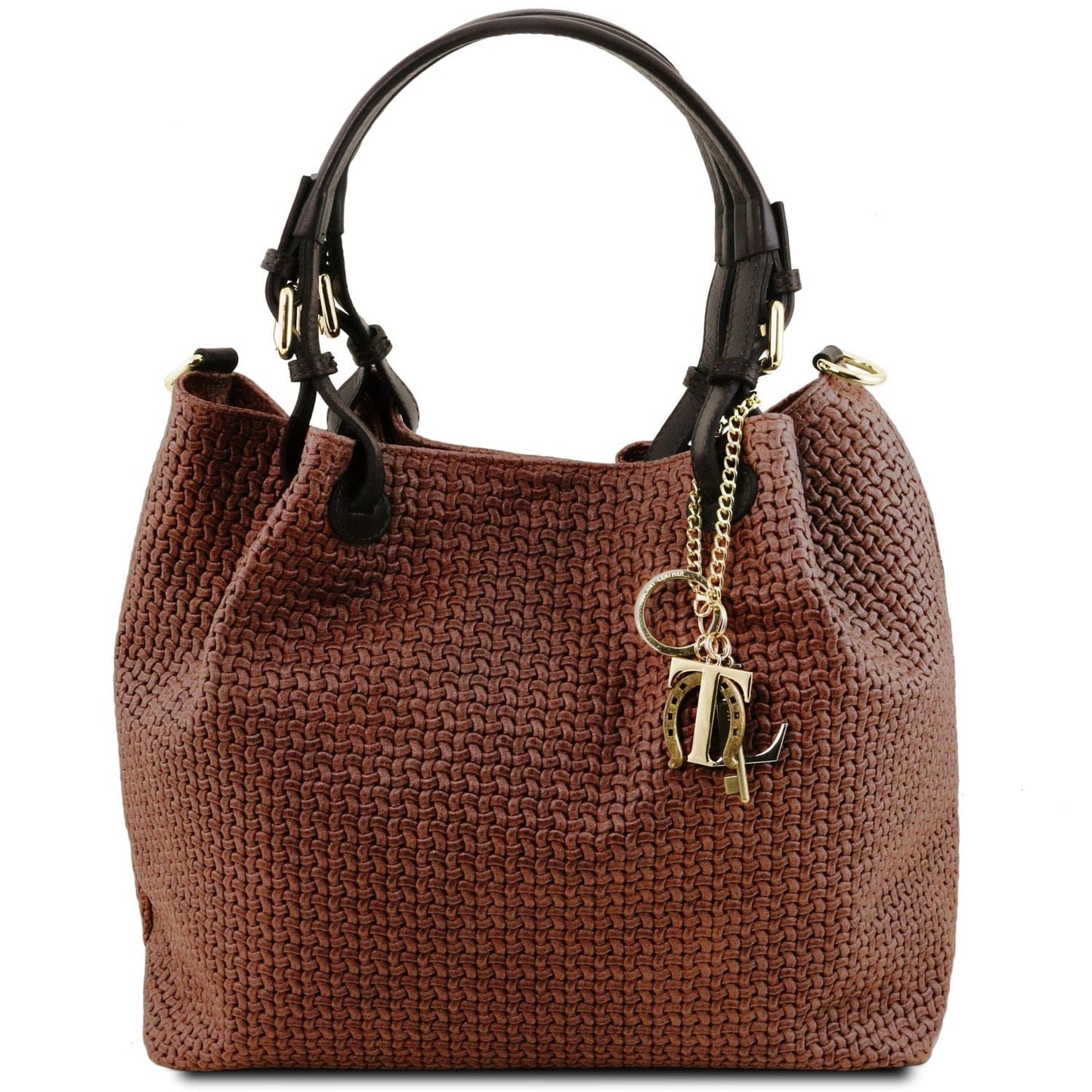 Leather shoulder bags Cinnamon TL KeyLuck - Woven printed leather shopping bag | TL141573 San Rocco Italia