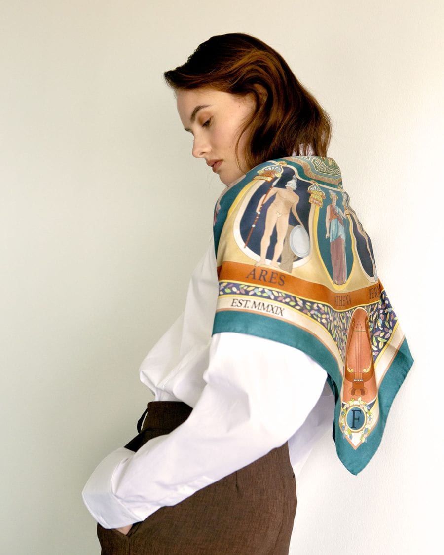 The Olympian Gods Terracotta and Turquoise 100% Silk Scarf - Premium Scarves & Bandanas - Just €180! Shop now at San Rocco Italia