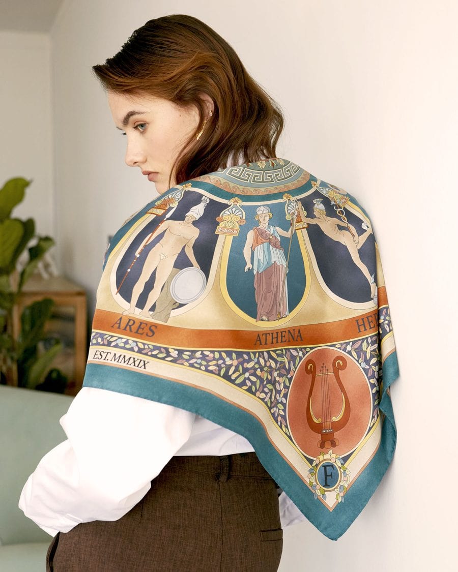The Olympian Gods Terracotta and Turquoise 100% Silk Scarf - Premium Scarves & Bandanas - Just €180! Shop now at San Rocco Italia