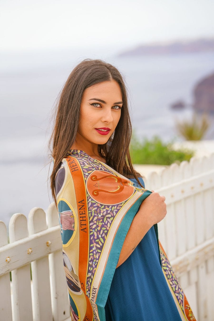 The Olympian Gods Terracotta and Turquoise 100% Silk Scarf - Premium Scarves & Bandanas - Just €180! Shop now at San Rocco Italia