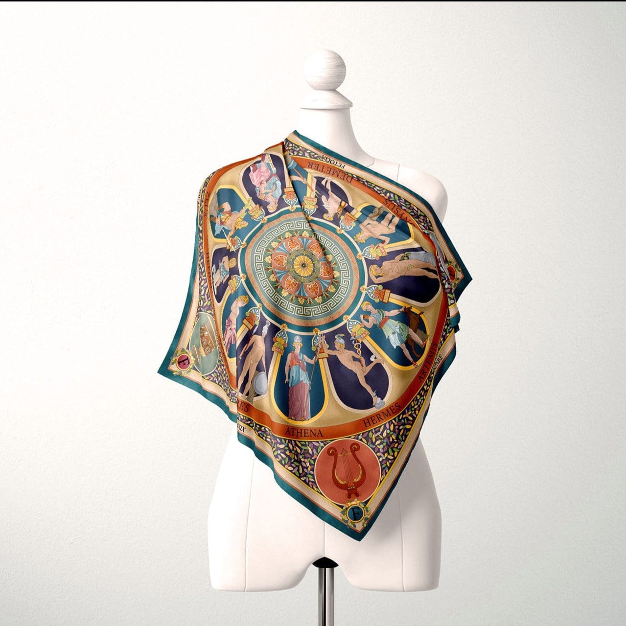 The Olympian Gods Terracotta and Turquoise 100% Silk Scarf - Premium Scarves & Bandanas - Just €180! Shop now at San Rocco Italia