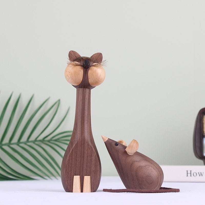Wooden Cat & Mouse Figurines - Made of Walnut Wood - - San Rocco Italia