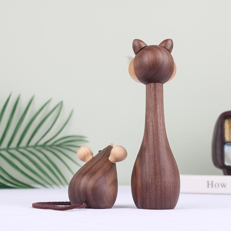 Wooden Cat & Mouse Figurines - Made of Walnut Wood - - San Rocco Italia