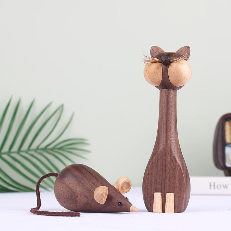 Wooden Cat & Mouse Figurines - Made of Walnut Wood - - San Rocco Italia