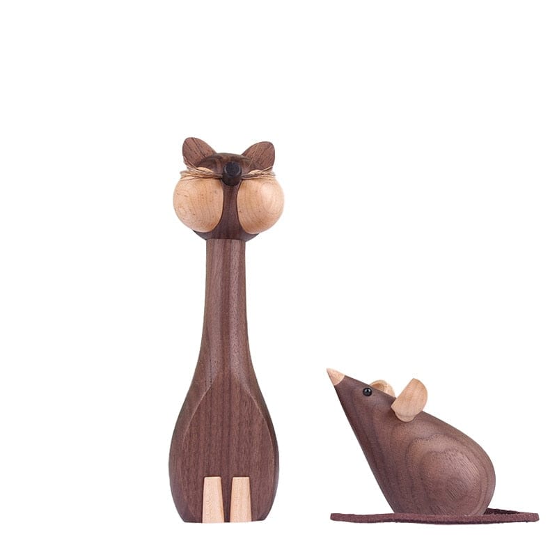 Wooden Cat & Mouse Figurines - Made of Walnut Wood - - San Rocco Italia