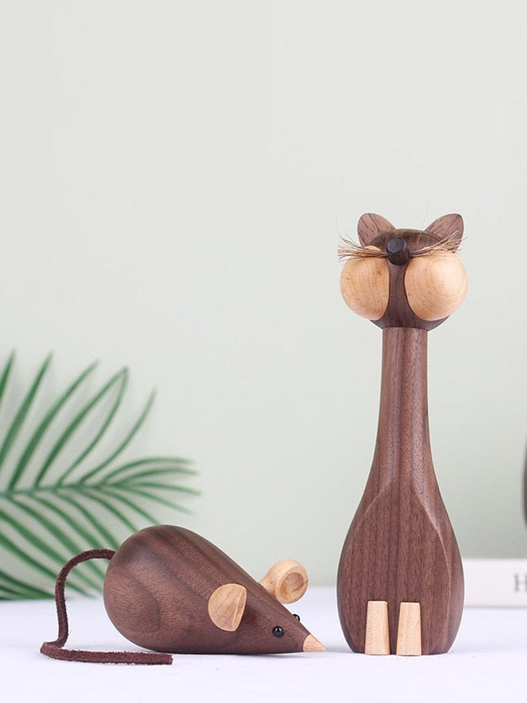 Wooden Cat & Mouse Figurines - Made of Walnut Wood - - San Rocco Italia