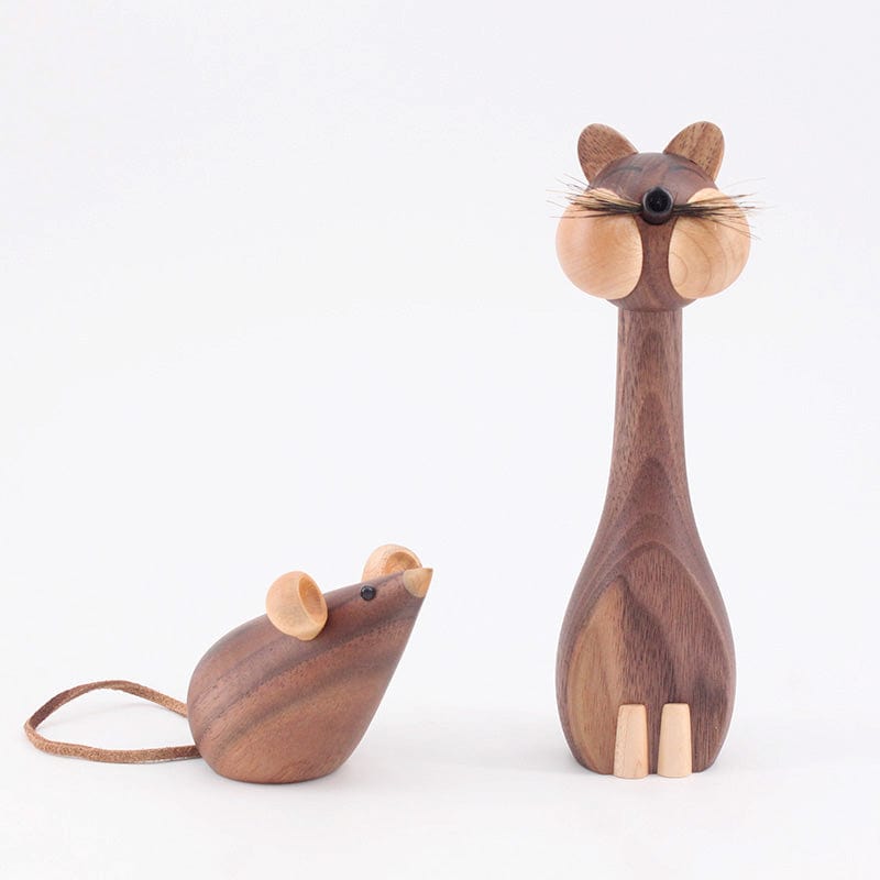 Wooden Cat & Mouse Figurines - Made of Walnut Wood - - San Rocco Italia