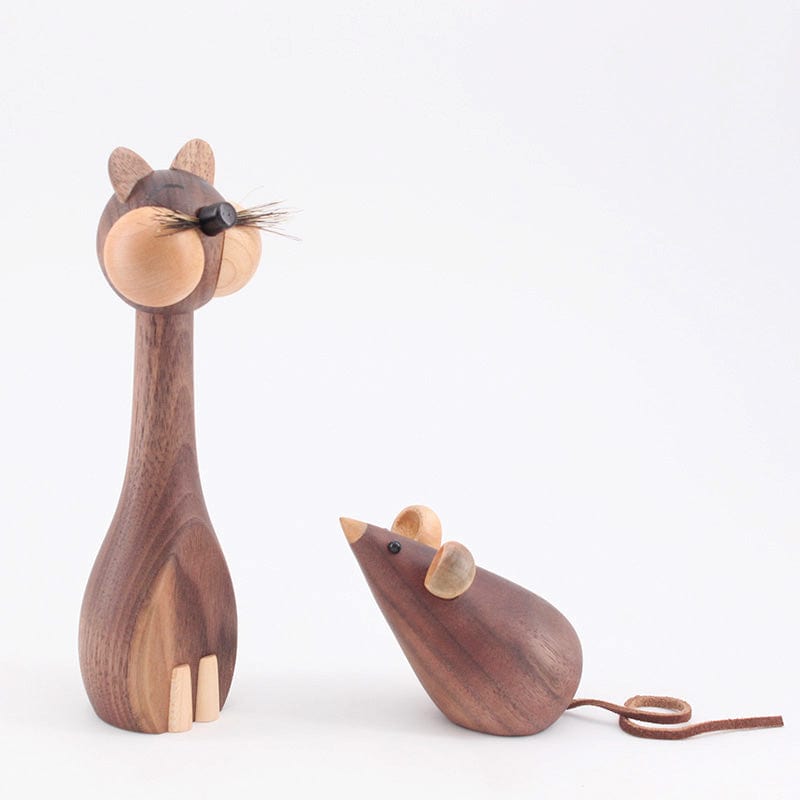 Wooden Cat & Mouse Figurines - Made of Walnut Wood - - San Rocco Italia
