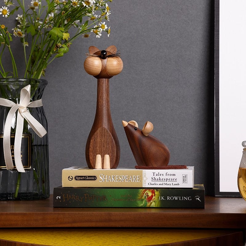 Wooden Cat & Mouse Figurines - Made of Walnut Wood - - San Rocco Italia