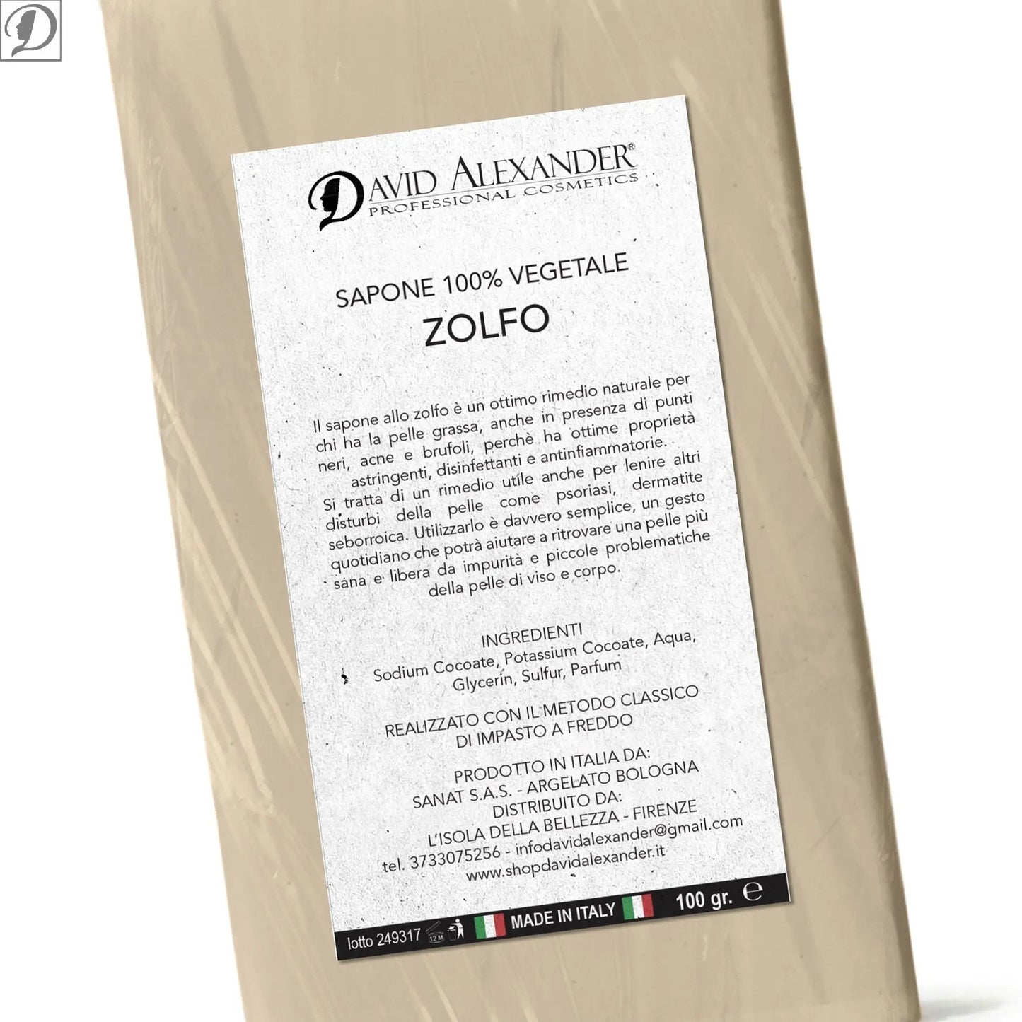 Confezione beige di sapone allo zolfo purificante per pelli grasse e impure, etichetta bianca descrittiva