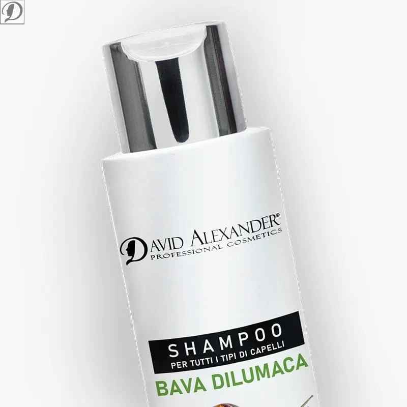 Flacone di shampoo Bava Dilumaca David Alexander con tappo metallico vista inclinata