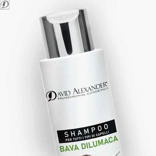 Flacone di shampoo Bava Dilumaca David Alexander con tappo metallico vista inclinata