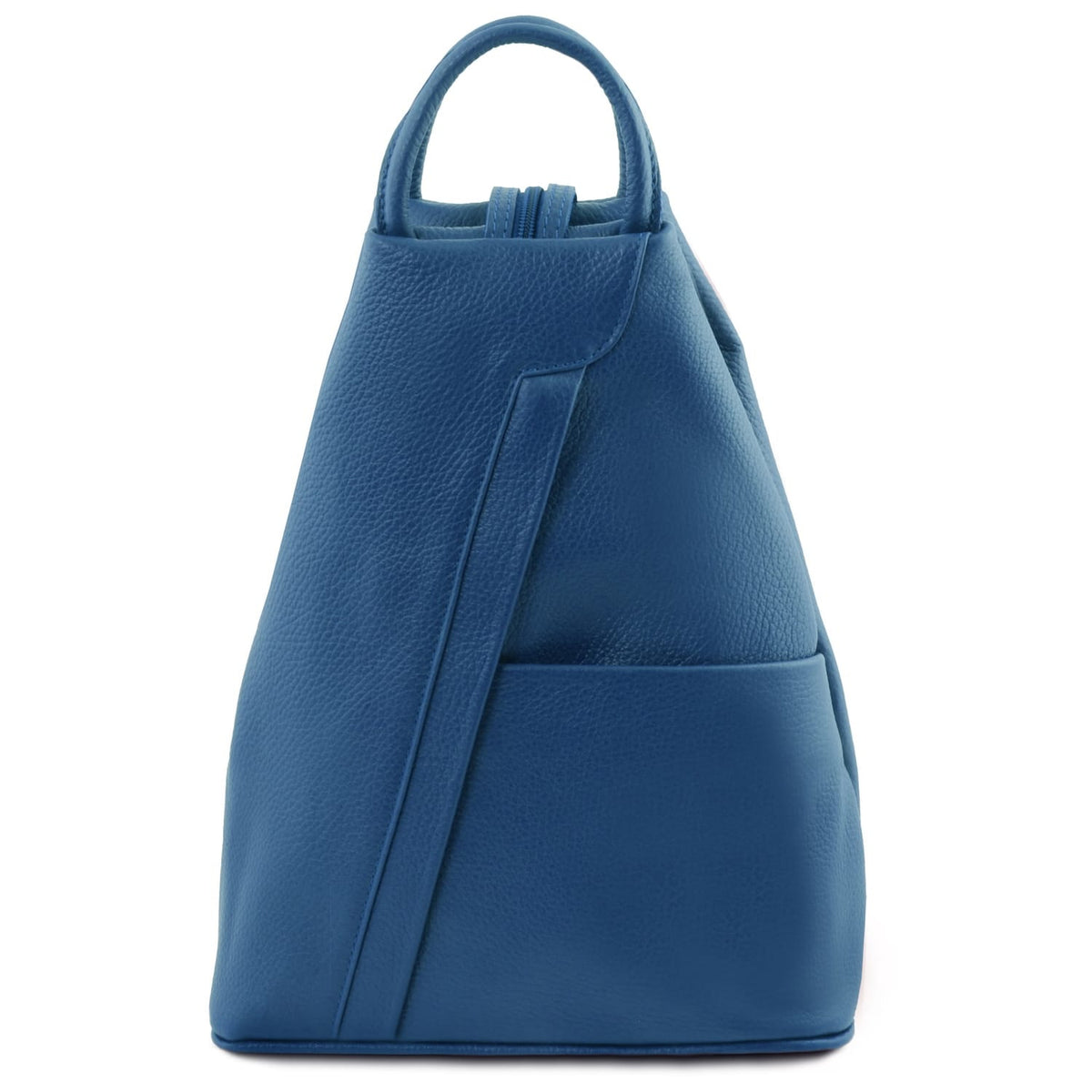 Blue pebbled leather Shanghai backpack shown from the side with top handles and zipper closure