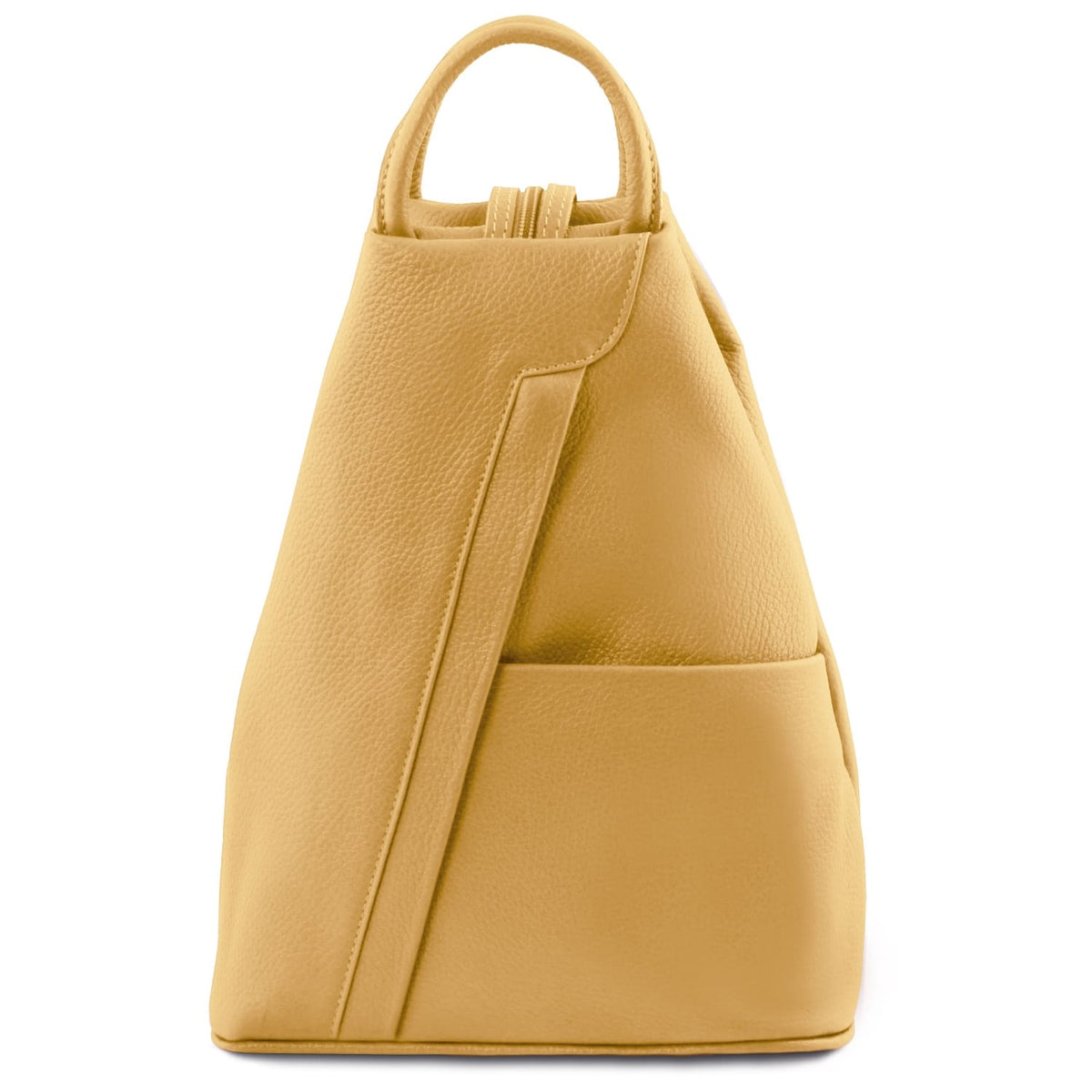 Back view of mustard yellow Shanghai Italian leather backpack with top handle and adjustable straps.