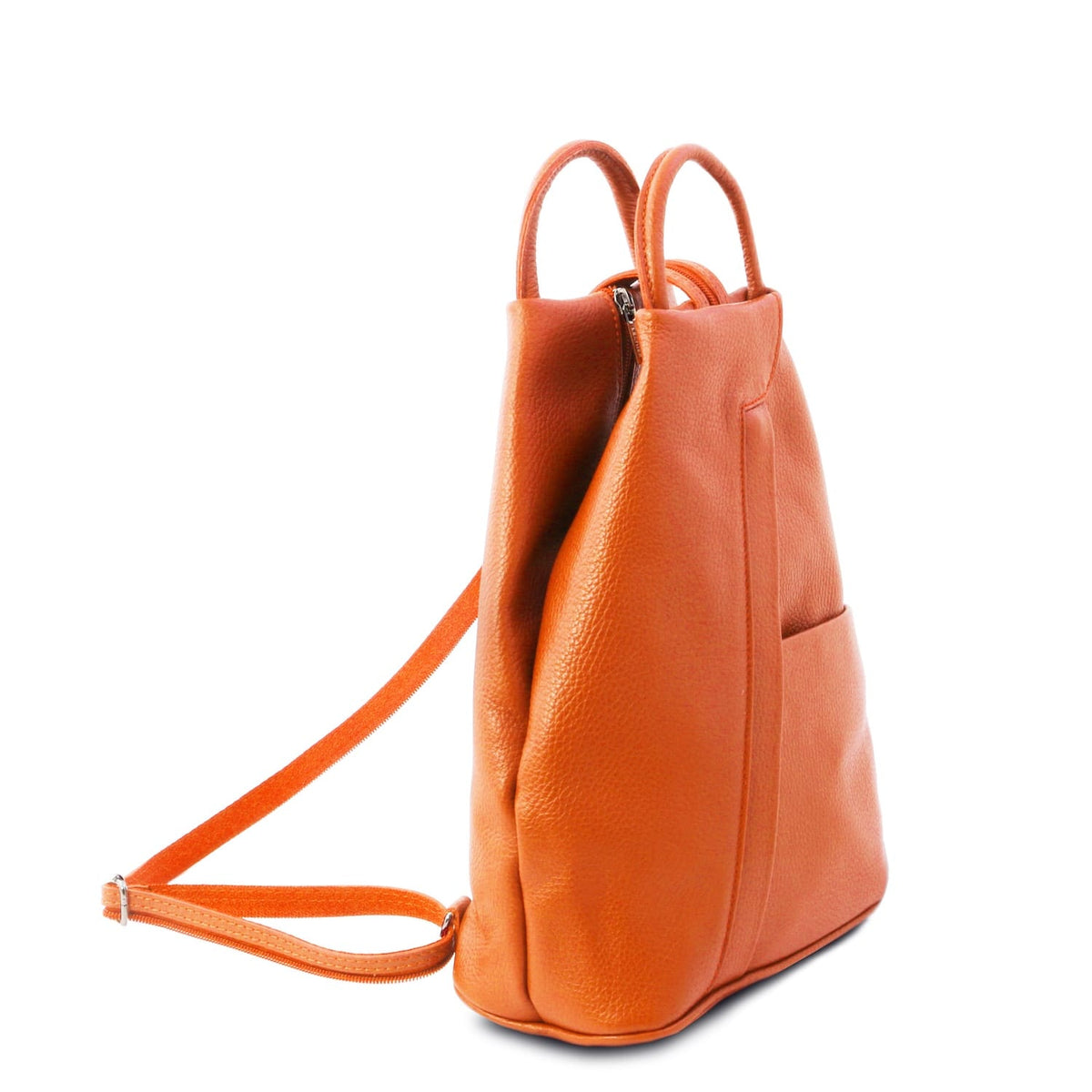 Orange pebbled leather Shanghai backpack shown from the back with two top handles and a long detachable strap