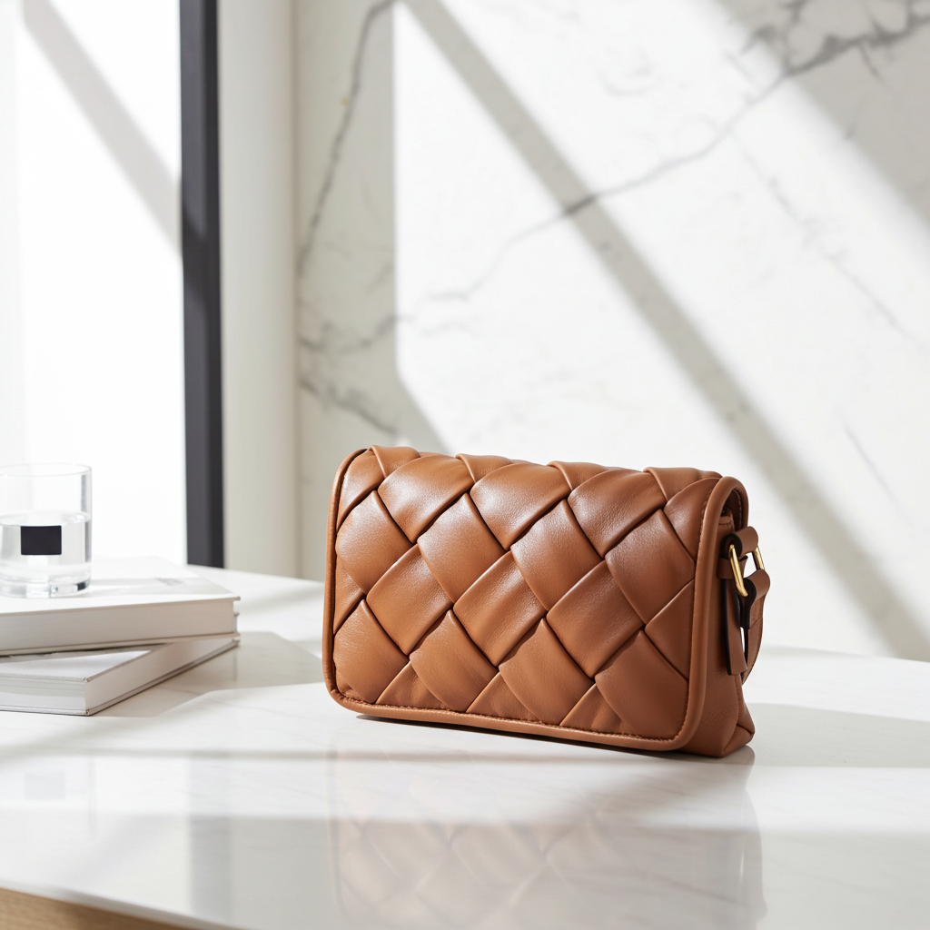 Brown quilted handbag on a white marble surface with a light background