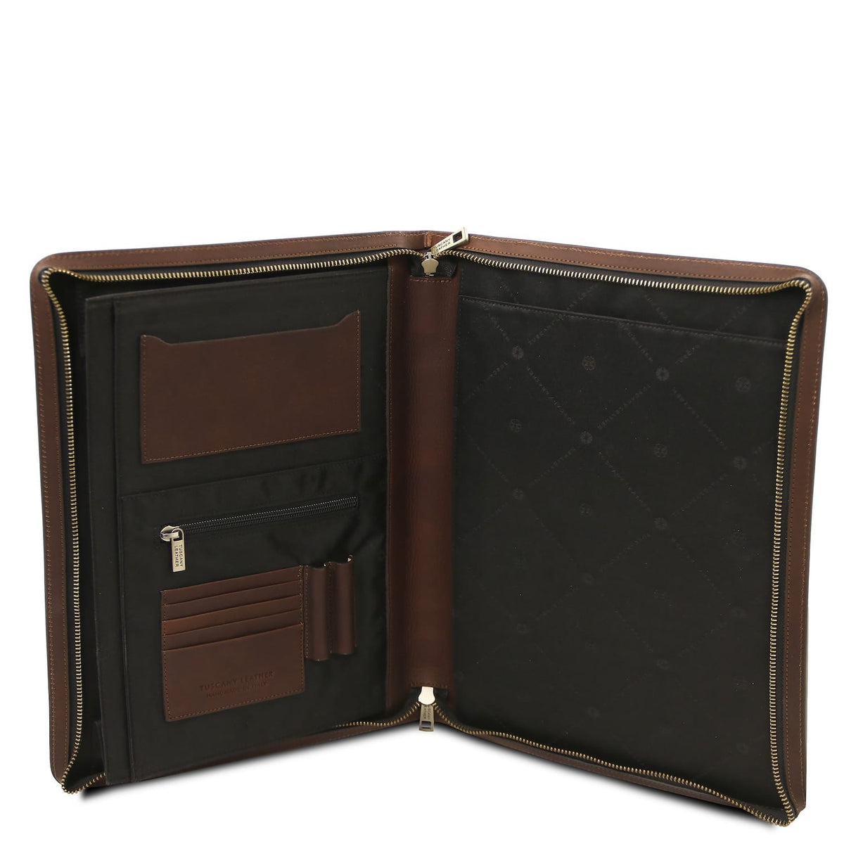 Open brown Tiberio leather document case with card slots a zipped pocket and interior compartments
