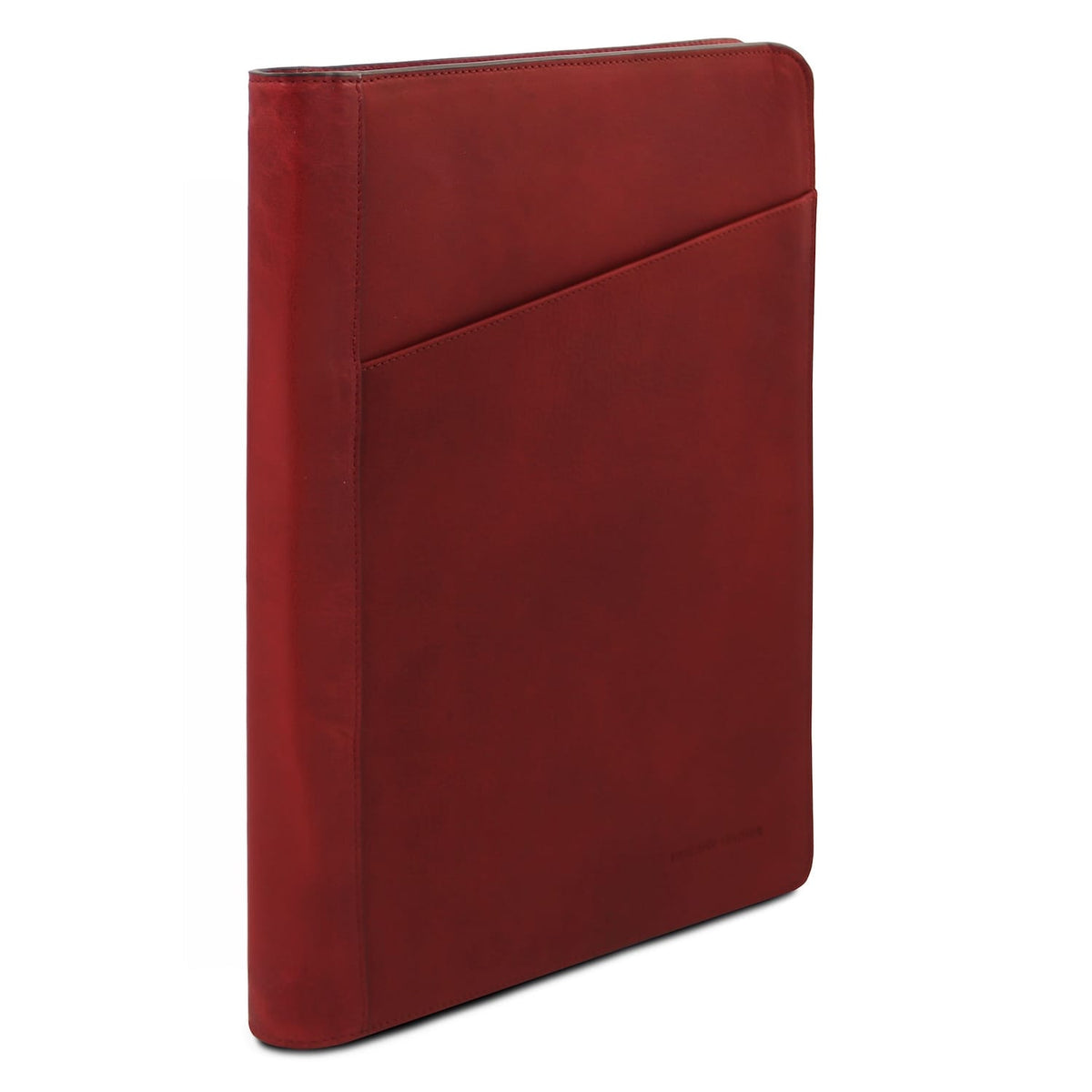 Red leather document case shown from a side angle highlighting slim profile and curved top