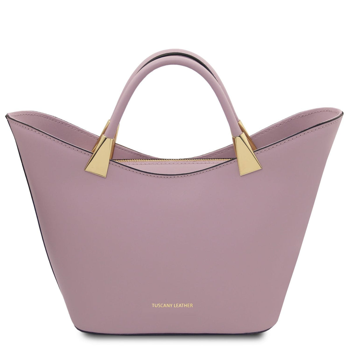 Pink Italian leather handbag with structured shape, top handles and gold hardware