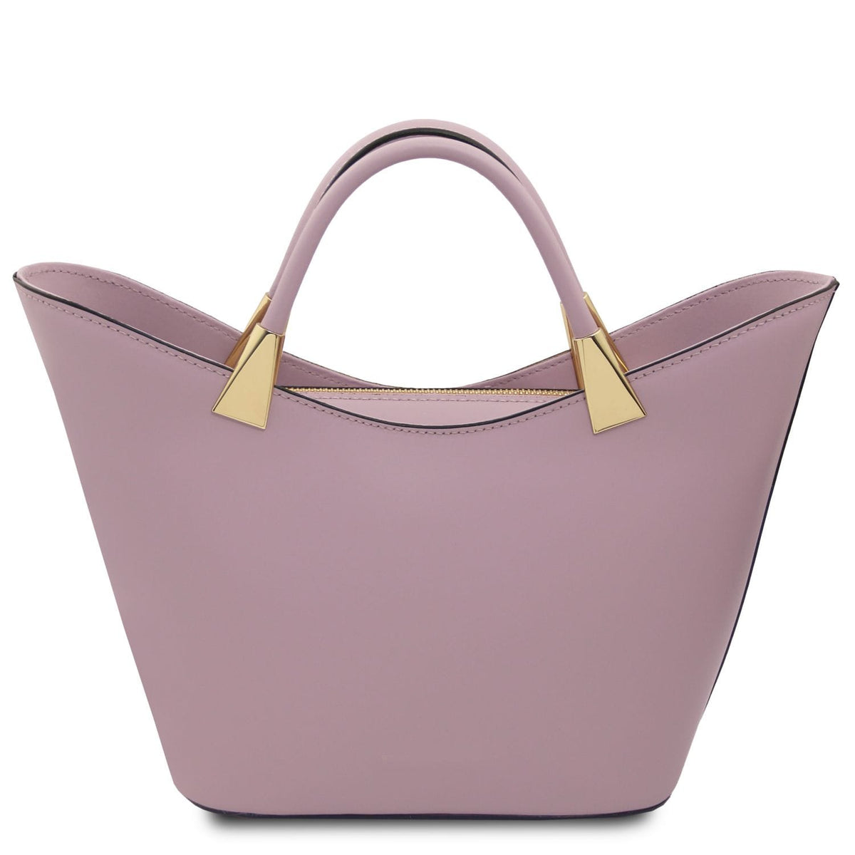 Front view of lavender TL Bag Italian leather handbag with double top handles and gold-tone hardware