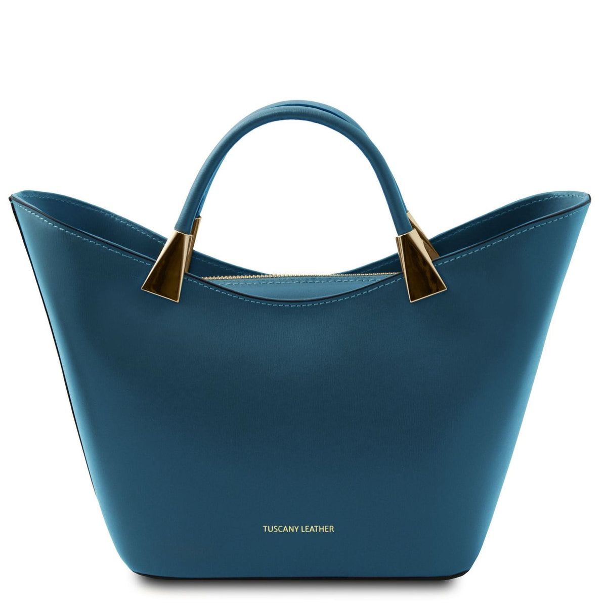 Blue Italian leather handbag with structured silhouette and gold-tone hardware handles